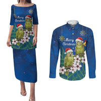 New Zealand Kakapo Christmas Couples Matching Puletasi and Long Sleeve Button Shirt Owl Parrot Santa Sliver Fern Manuka - Blue - Polynesian Pride