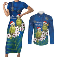 New Zealand Kakapo Christmas Couples Matching Short Sleeve Bodycon Dress and Long Sleeve Button Shirt Owl Parrot Santa Sliver Fern Manuka - Blue - Polynesian Pride