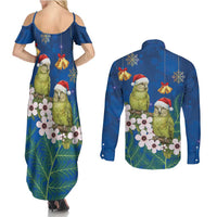 New Zealand Kakapo Christmas Couples Matching Summer Maxi Dress and Long Sleeve Button Shirt Owl Parrot Santa Sliver Fern Manuka - Blue - Polynesian Pride