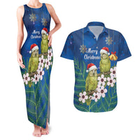 New Zealand Kakapo Christmas Couples Matching Tank Maxi Dress and Hawaiian Shirt Owl Parrot Santa Sliver Fern Manuka - Blue - Polynesian Pride