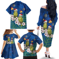 New Zealand Kakapo Christmas Family Matching Off The Shoulder Long Sleeve Dress and Hawaiian Shirt Owl Parrot Santa Sliver Fern Manuka - Blue - Polynesian Pride