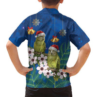 New Zealand Kakapo Christmas Family Matching Off Shoulder Short Dress and Hawaiian Shirt Owl Parrot Santa Sliver Fern Manuka - Blue - Polynesian Pride