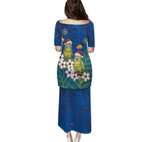 New Zealand Kakapo Christmas Family Matching Puletasi and Hawaiian Shirt Owl Parrot Santa Sliver Fern Manuka - Blue - Polynesian Pride