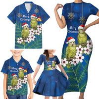 New Zealand Kakapo Christmas Family Matching Short Sleeve Bodycon Dress and Hawaiian Shirt Owl Parrot Santa Sliver Fern Manuka - Blue - Polynesian Pride
