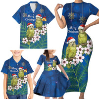 New Zealand Kakapo Christmas Family Matching Short Sleeve Bodycon Dress and Hawaiian Shirt Owl Parrot Santa Sliver Fern Manuka - Blue - Polynesian Pride