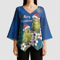New Zealand Kakapo Christmas Kimono Sleeve Blouse Owl Parrot Santa Sliver Fern Manuka - Blue - Polynesian Pride