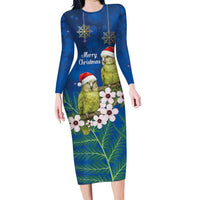 New Zealand Kakapo Christmas Long Sleeve Bodycon Dress Owl Parrot Santa Sliver Fern Manuka - Blue - Polynesian Pride