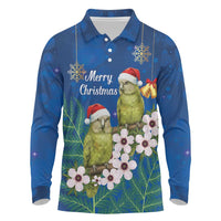 New Zealand Kakapo Christmas Long Sleeve Polo Shirt Owl Parrot Santa Sliver Fern Manuka - Blue - Polynesian Pride