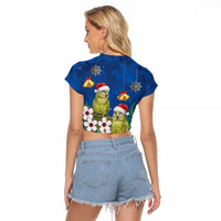New Zealand Kakapo Christmas Raglan Cropped T Shirt Owl Parrot Santa Sliver Fern Manuka - Blue - Polynesian Pride