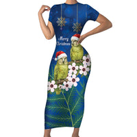 New Zealand Kakapo Christmas Short Sleeve Bodycon Dress Owl Parrot Santa Sliver Fern Manuka - Blue LT14 Long Dress Blue - Polynesian Pride