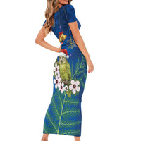 New Zealand Kakapo Christmas Short Sleeve Bodycon Dress Owl Parrot Santa Sliver Fern Manuka - Blue LT14 - Polynesian Pride