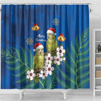 New Zealand Kakapo Christmas Shower Curtain Owl Parrot Santa Sliver Fern Manuka - Blue - Polynesian Pride