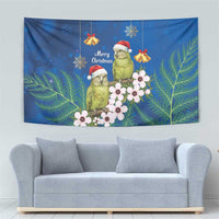 New Zealand Kakapo Christmas Tapestry Owl Parrot Santa Sliver Fern Manuka - Blue - Polynesian Pride