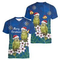 New Zealand Kakapo Christmas Women V-Neck T-Shirt Owl Parrot Santa Sliver Fern Manuka - Blue - Polynesian Pride