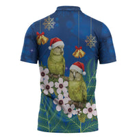 New Zealand Kakapo Christmas Zipper Polo Shirt Owl Parrot Santa Sliver Fern Manuka - Blue - Polynesian Pride