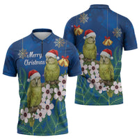 New Zealand Kakapo Christmas Zipper Polo Shirt Owl Parrot Santa Sliver Fern Manuka - Blue - Polynesian Pride
