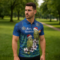 New Zealand Kakapo Christmas Zipper Polo Shirt Owl Parrot Santa Sliver Fern Manuka - Blue - Polynesian Pride