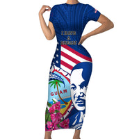 Guam Martin Luther King Jr Day Short Sleeve Bodycon Dress I Have A Dream Guahan Seal With Bougainvillea LT14 Long Dress Blue - Polynesian Pride