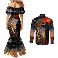 New Zealand ANZAC Day Couples Matching Mermaid Dress and Long Sleeve Button Shirt Lest We Forget Silver Fern With Camouflage LT14 - Polynesian Pride