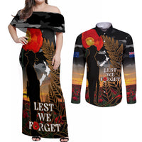New Zealand ANZAC Day Couples Matching Off Shoulder Maxi Dress and Long Sleeve Button Shirt Lest We Forget Silver Fern With Camouflage LT14 Black - Polynesian Pride