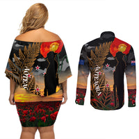New Zealand ANZAC Day Couples Matching Off Shoulder Short Dress and Long Sleeve Button Shirt Lest We Forget Silver Fern With Camouflage LT14 - Polynesian Pride