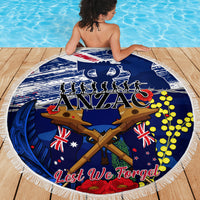 Australia And New Zealand ANZAC Day Beach Blanket Lest We Forget Silver Fern With Golden Wattle LT14 - Polynesian Pride