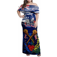 Australia And New Zealand ANZAC Day Family Matching Off Shoulder Maxi Dress and Hawaiian Shirt Lest We Forget Silver Fern With Golden Wattle LT14 Mom's Dress Blue - Polynesian Pride