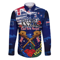Australia And New Zealand ANZAC Day Family Matching Off Shoulder Short Dress and Hawaiian Shirt Lest We Forget Silver Fern With Golden Wattle LT14 Dad's Shirt - Long Sleeve Blue - Polynesian Pride