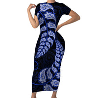 Blue New Zealand Paisley Silver Fern Family Matching Short Sleeve Bodycon Dress and Hawaiian Shirt Aotearoa Maori LT14 Mom's Dress Blue - Polynesian Pride