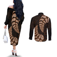 Brown New Zealand Paisley Silver Fern Couples Matching Off The Shoulder Long Sleeve Dress and Long Sleeve Button Shirt Aotearoa Maori LT14 - Polynesian Pride