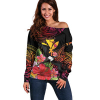Hawaii Iwa Bird Off Shoulder Sweater Great Frigatebird Kanaka Tropical Hippie Style LT14 Women Black - Polynesian Pride