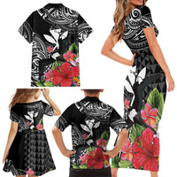 Hawaii Iwa Bird Family Matching Short Sleeve Bodycon Dress and Hawaiian Shirt Great Frigatebird Kanaka Tropical Flowers - Polynesian Pride