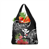 Hawaii Iwa Bird Grocery Bag Great Frigatebird Kanaka Tropical Flowers LT14 1-pack One Size Black - Polynesian Pride