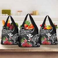 Hawaii Iwa Bird Grocery Bag Great Frigatebird Kanaka Tropical Flowers LT14 3-pack One Size Black - Polynesian Pride