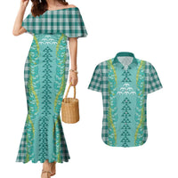 Teal Palaka Hawaii Iwa Bird Couples Matching Mermaid Dress and Hawaiian Shirt Hawaiian Kakau Jade Vine Lei LT14 Teal - Polynesian Pride
