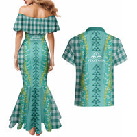 Teal Palaka Hawaii Iwa Bird Couples Matching Mermaid Dress and Hawaiian Shirt Hawaiian Kakau Jade Vine Lei LT14 - Polynesian Pride