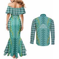Teal Palaka Hawaii Iwa Bird Couples Matching Mermaid Dress and Long Sleeve Button Shirt Hawaiian Kakau Jade Vine Lei - Polynesian Pride