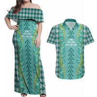 Teal Palaka Hawaii Iwa Bird Couples Matching Off Shoulder Maxi Dress and Hawaiian Shirt Hawaiian Kakau Jade Vine Lei - Polynesian Pride