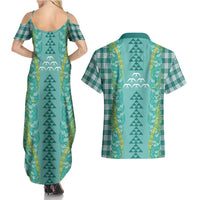 Teal Palaka Hawaii Iwa Bird Couples Matching Summer Maxi Dress and Hawaiian Shirt Hawaiian Kakau Jade Vine Lei - Polynesian Pride