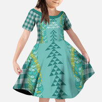 Teal Palaka Hawaii Iwa Bird Family Matching Off The Shoulder Long Sleeve Dress and Hawaiian Shirt Hawaiian Kakau Jade Vine Lei - Polynesian Pride