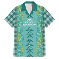 Teal Palaka Hawaii Iwa Bird Family Matching Off The Shoulder Long Sleeve Dress and Hawaiian Shirt Hawaiian Kakau Jade Vine Lei - Polynesian Pride