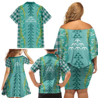 Teal Palaka Hawaii Iwa Bird Family Matching Off Shoulder Short Dress and Hawaiian Shirt Hawaiian Kakau Jade Vine Lei - Polynesian Pride