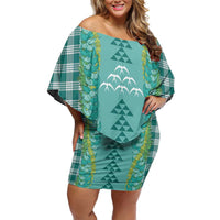 Teal Palaka Hawaii Iwa Bird Family Matching Off Shoulder Short Dress and Hawaiian Shirt Hawaiian Kakau Jade Vine Lei - Polynesian Pride