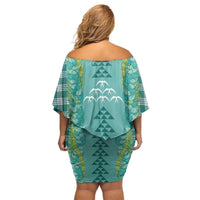 Teal Palaka Hawaii Iwa Bird Family Matching Off Shoulder Short Dress and Hawaiian Shirt Hawaiian Kakau Jade Vine Lei - Polynesian Pride