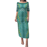Teal Palaka Hawaii Iwa Bird Family Matching Puletasi and Hawaiian Shirt Hawaiian Kakau Jade Vine Lei - Polynesian Pride