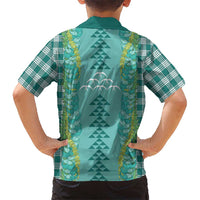 Teal Palaka Hawaii Iwa Bird Family Matching Short Sleeve Bodycon Dress and Hawaiian Shirt Hawaiian Kakau Jade Vine Lei - Polynesian Pride