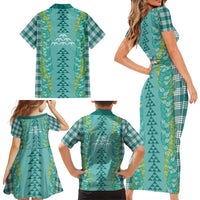 Teal Palaka Hawaii Iwa Bird Family Matching Short Sleeve Bodycon Dress and Hawaiian Shirt Hawaiian Kakau Jade Vine Lei - Polynesian Pride