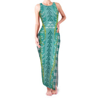 Teal Palaka Hawaii Iwa Bird Family Matching Tank Maxi Dress and Hawaiian Shirt Hawaiian Kakau Jade Vine Lei - Polynesian Pride