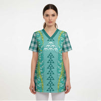 Teal Palaka Hawaii Iwa Bird Scrub Top Hawaiian Kakau Jade Vine Lei LT14 - Polynesian Pride