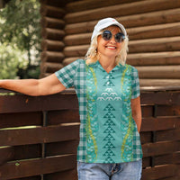 Teal Palaka Hawaii Iwa Bird Women Polo Shirt Hawaiian Kakau Jade Vine Lei - Polynesian Pride